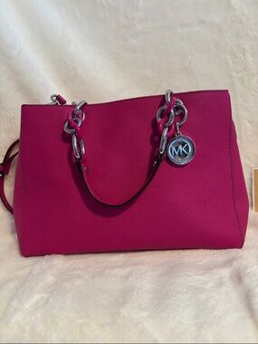 Michael Kors Magenta Saffiano Tote with Silver Chain Accents